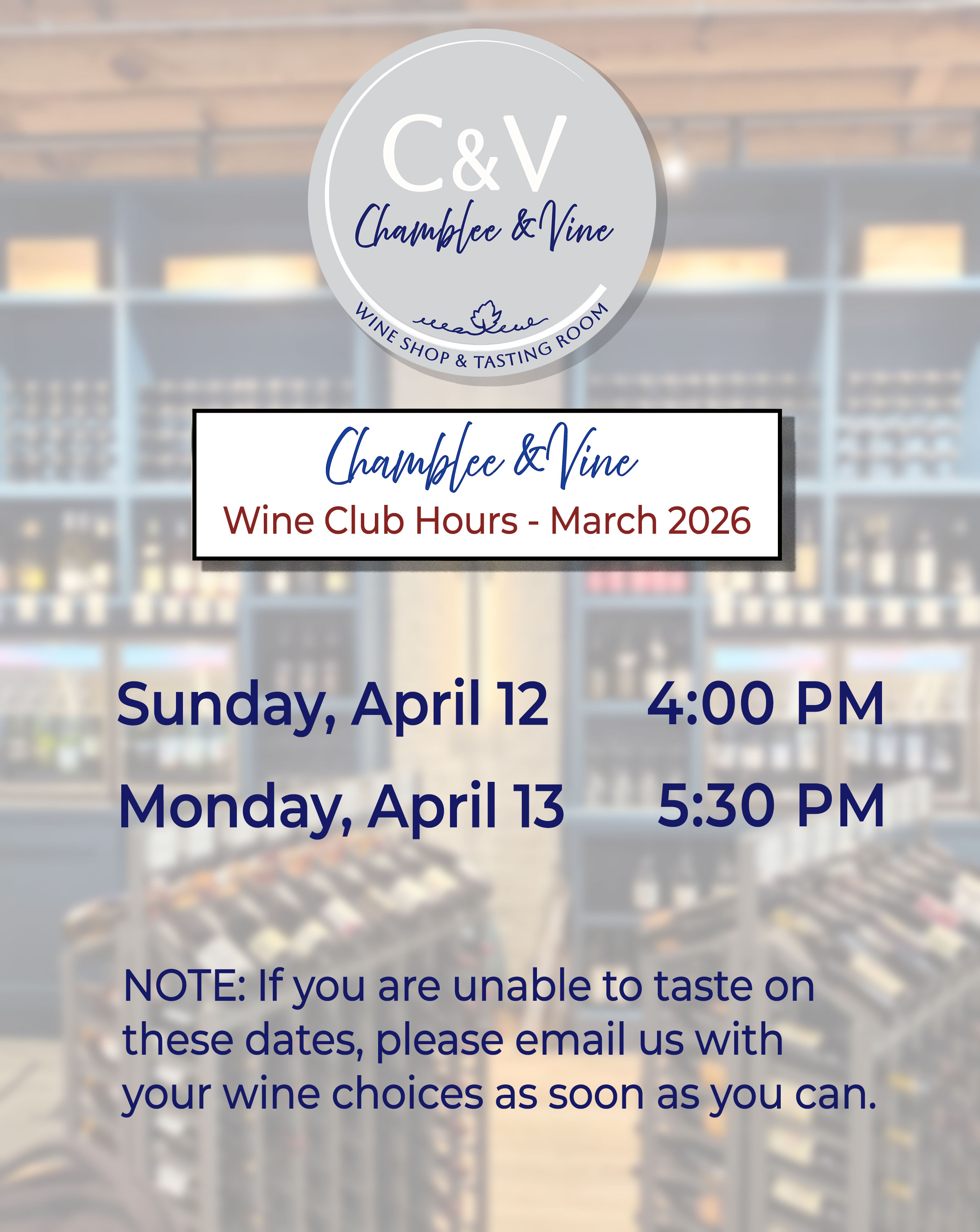 Wine Club tasting dates and times
